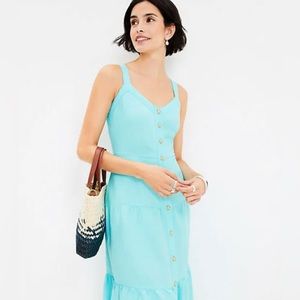 Loft Petite Linen Blend Strappy Button Tiered Midi Dress
